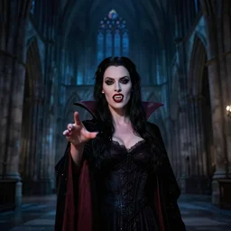 mary elizabeth winstead as a vampire showing her fangs in a gloomy gothic cathedral at night