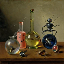 beautiful colorful oil painting dutch golden age vanitas still life with gorgeous futuristic objects shiny transparent surfaces shiny metal devices insect nanotech rachel ruysch dali todd schorr very detailed perfect composition rule of thirds masterpiece chiaroscuro canon 5 0 mm, cinematic lighting, photography, retro, film, kodachrome