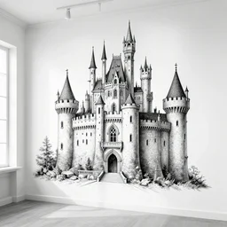 interior shot of black and white artistic drawing of a surrealist castle with ghosts flying all over the place, rough strokes, pencil texture, high contrast key