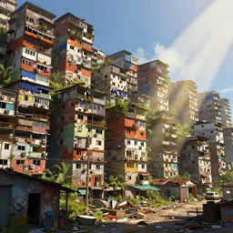 a beautiful highly detailed matte painting of a huge derelict cargo favela vibrant color boost light shaft by Jose Daniel Cabrera Pena and Leonid Kozienko, concept art