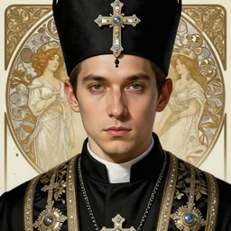 hyperdetailed close up fine art portrait of a priest in a high fine black collar with crucifixes and jewels and ink drops highly detailed, artstation, smooth, sharp focus illustration, artstation hq. intricate, elegant. art by wlop and artgerm and greg rutkowski, alphonse mucha, dan mumford, tomokazu matsuyama, takato