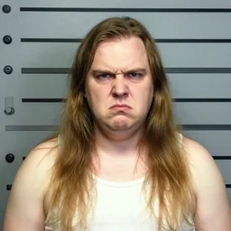 ( 1 9 9 4 ) mugshot of chubby white man with long bread. he looks angry.