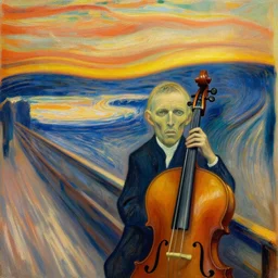 a man in cello suit, cinematic, detailed, canvas, oil paint, cinematic, artwork by edvard munch