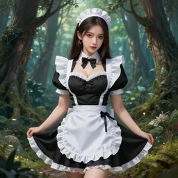 A sexy maid in a magical forest, fantasy art, in the style of Andreas Höher, illustration, epic, fantasy, intricate, highly detailed, artstation, concept art, smooth, sharp focus