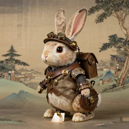 steampunk animatronic in the shape of a rabbit, japanese painting