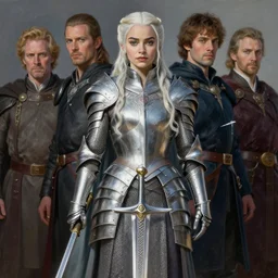 A painting of Daenerys Targaryen wearing a intricate silver armor and holding Excalibur by nuri iyem, james gurney, james jean, greg rutkowski, anato finnstark. hyper detailed