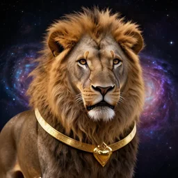 lion made out of universe with a golden colar, hyper detailed, smooth, realistic, stunning, beautiful, trending on artstation,