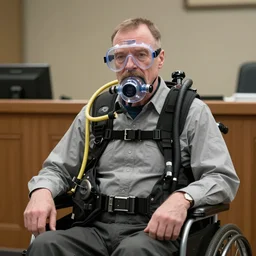 walter white with a rough beard, wearing a clear plastic scuba rebreather, sitting in a wheelchair in a courtroom.