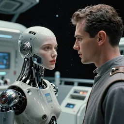 Cinestill 50d, 8K, 35mm,J.J Abrams flare; beautiful ultra realistic minimalistic syd mead in space(1950) film still medical bay scene in 2000s frontiers in blade runner retrofuturism fashion magazine September hyperrealism holly herndon in moebius edition, highly detailed, extreme closeup three-quarter android portrait, tilt shift LaGrange point orbit background, three point perspective, focus on portrait of two androids;pointé pose; eye contact, soft lighting