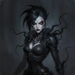 dark portrait painting of tracer from overwatch, in style of zdzisław beksinski, scary, horror, feminine facial features, overwatch tracer character, detailed face, dressed in dark garment, black tendrils, tall,