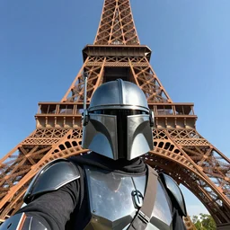 Mandalorian selfie by Eiffel Tower, hyper realism, high detail, vivid colors, octane render, unreal engine