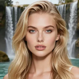 a gorgeous blonde female photo, professionally retouched, soft lighting, at luxury resort with waterfalls in background, realistic, smooth face, perfect eyes, wide angle, sharp focus on eyes, 8 k high definition, insanely detailed, intricate, elegant, art by artgerm and wlop