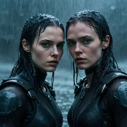 cinestill 5 0 d candid photographic portrait by christopher nolan of two loving female androids wearing rugged black mesh techwear in treacherous waters, extreme closeup, modern cyberpunk moody emotional cinematic, pouring rain menacing lights, 8 k, hd, high resolution, 3 5 mm, f / 3 2, ultra realistic faces, ex machina