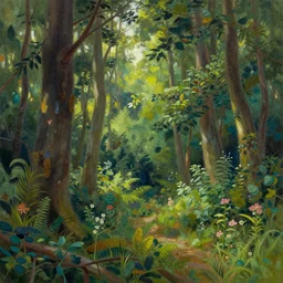 a lush forest in the style of thomas kinkade,
