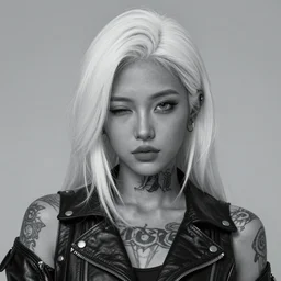Hot young woman winking at the camera, grey skinned, void eyeballs, white hair, tattoos, wearing leather, digital art, concept art, ultra detailed, 4k, 8k