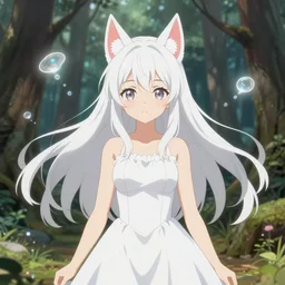 isekai enchanted forest cute bombshell anime waifu kitsune with white floating hair, white dress. floating will - o - wisps., symmetrical face. symmetrical detailed defined eyes. beautiful lineart. bokeh pixiv # 1 ranking depth of focus, chromatic aberration, noise, soft lighting, srgb, 4 k, by rembrant, kuvshinov, and ross tran
