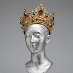 bald silver woman statue, colorful crown made out of gold and jewels, 3 / 4 view face, john howe, greg rutkowski