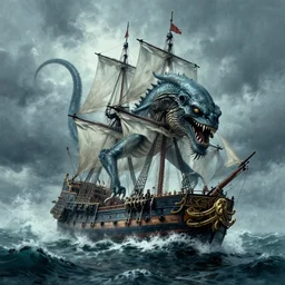 A kraken-sea-monster emerging from the stormy ocean depths attacking a 17th century Ship-of-the-line, atmospheric, dramatic, concept art by Peter Mohrbacher