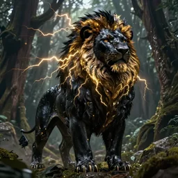 epic black lion with gold lightnings in the fur surrounded by ancient forest, colossal scale ,hyperdetailed, artstation, cgsociety, 8k, illustration, rutkowski, raphael lacoste, magali villeneuve