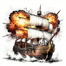 highly detailed ink action photography of an explosion on a pirate ship, fast shutter speed, high speed, action photo, 1 / 1 0 0 0 sec shutter, vfx particle simulation, octane render, clean shaped illustration by eiichiro oda