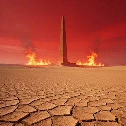 very dry ground, desert, cracked, big tower in the background, red sky, fire in the background, artstation, award - winning, ethereal, dreamy