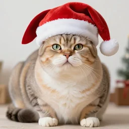 extremely obese big fat cat, wearing santa hat,