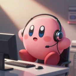 Kirby from nintendo working at a call center