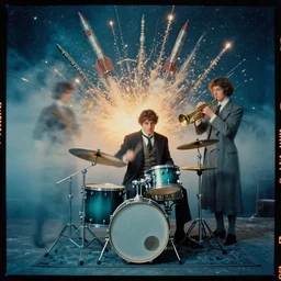 kodak portra 4 0 0, wetplate, muted colours, blueberry teal, drum set, trumpet, 1 9 1 0 s style, motion blur, portrait photo of a backdrop, explosions, rockets, bombs, sparkling, stargazer, snow, fog, steampunk, by georges melies and by britt marling