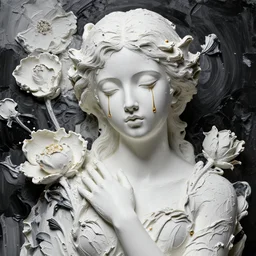 a wide portrait of a beautiful girl, made of porcellaine with golden tears, dramatic lighting, thick paint texture on the face and body, abstract flower arrangement, white and black textures