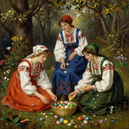 beautiful painting of slavic women wearing folklore dresses ; in the forest gathering easter eggs and flower petals. in the style of jc leyendecker and peter paul reubens.