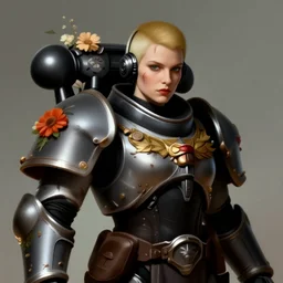 portrait of beautiful young mainem, warhammer, cyber style, cyberpunk armor, a lot of more scars, more and more flowers, the middle ages, highly detailed, artstation, illustration, artgerm sylvari portrait, 8 k quality, art by rene magritte