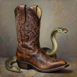 cowboy boot with a snake coming out of it, oil on canvas, intricate, 8 k highly professionally detailed, hdr, cgsociety