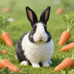 black and white spotted bunny with floppy ears in a grassy field surrounded by carrots, happy, ultrarealistic, incredibly detailed, 8k, octane render