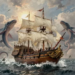 an impossibly huge pirate ship, being attacked by a kraken, giant tentacles. 1800s photograph