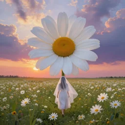 giant white daisy flower veil, girl walking in a flower field, surreal photography, sunrise, dramatic light, impressionist painting, colorful clouds, digital painting, artstation, simon stalenhag