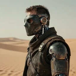 a half - masked rugged mercenary man with cybernetic enhancements lost in the desert, scifi character portrait by greg rutkowski, esuthio, craig mullins, 1 / 4 headshot, cinematic lighting, dystopian scifi gear, gloomy, profile picture, mechanical, half robot, implants, dieselpunk