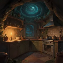 naive, weird perspective, cel shading, detailed illustration of a kitchen dim lit by 1 candle in a scenic spiral environment by anton fadeev from lorax movie, trending artstation