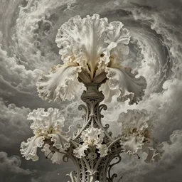 divine chaos engine by karol bak and ruan jia and vincent van gogh, desaturated warm neutral colors, iris van herpen visionary dreamscape, symbolist, james jean spiraling clouds, imagination, daydreams and nightmares, otherworldly, ethereal, fractal lace, ornate gothic organic filigree, 1 5 0 mm, jean delville