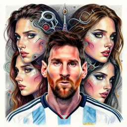 peripheral lobotomy of messi, in the style of cyborg adi granov, colourful hand drawing, beautiful faces, dramatic, tragic, intricate, detailed, beautiful