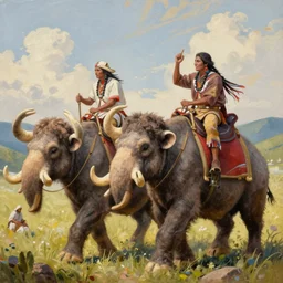 painting of native americans riding mammoths, artstation, ultra detailed