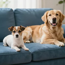 a cute spaniel, Labrador and golden retriever spread out on a plush blue sofa. Award winning photograph, soft focus, depth of field, rule of thirds, national geographic, golden hour