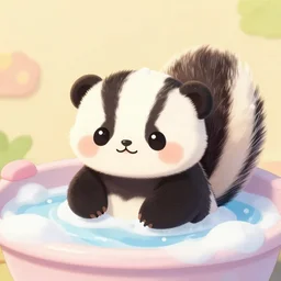 a skunk, having a bubble bath, cute, kawaii, adorable,
