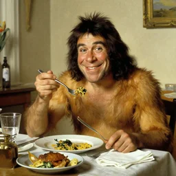 a happy neanderthal eating dinner, by norman rockwell