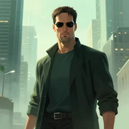 battle hardened, overpowering, pragmatic, charismatic character from the matrix, face centred portrait, confident, modern cityscape, outdoors, architecture, fog, sunny, volumetric lighting, illustration, perfectly shaded, greenish tinge, cold lights soft painting, art by krenz cushart and wenjun lin