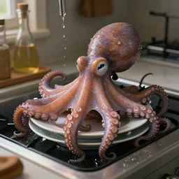 an octopus doing the dishes in the kitchen, very detailed and sharp photorealistic, cinematic lighting