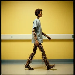 7 0 s movie still of a man made of root walking in a hospital with yellow wall, cinestill 8 0 0 t 3 5 mm eastmancolor, heavy grain, high quality, high detail