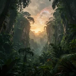 an award winning digital artwork of a lush prehistoric jungle chasm dissolving into a nebula in the background, stunning, washed out colors, serenity, professional, master level composition, volumetric lighting, haze, sunset, photorealistic