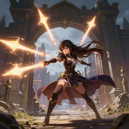 a cute sorceress with long brunette hair, protecting a city gate as she hurls bolts of powerful magic, fantasy anime, digital painting by WLOP