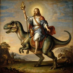 Jesus riding a t-rex, renaissance painting, in the style of rococo, extremely detailed