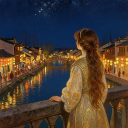a beautiful painting of a girl standing on a bridge, watching the view from the river of the lantern festival in a an ancient italian town, at night with a sky full of stars, intricate, elegant, highly detailed, digital painting, artstation, concept art, by krenz cushart and artem demura and alphonse mucha